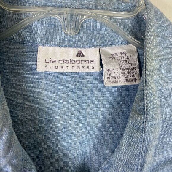 Vintage Liz Claiborne Light Wash Denim Ruffle Trim Long Sleeve A Line Dress 14 - Picture 4 of 7